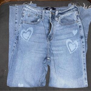 Hollister Women's Light Blue Straight Leg Jeans with Heart Accents